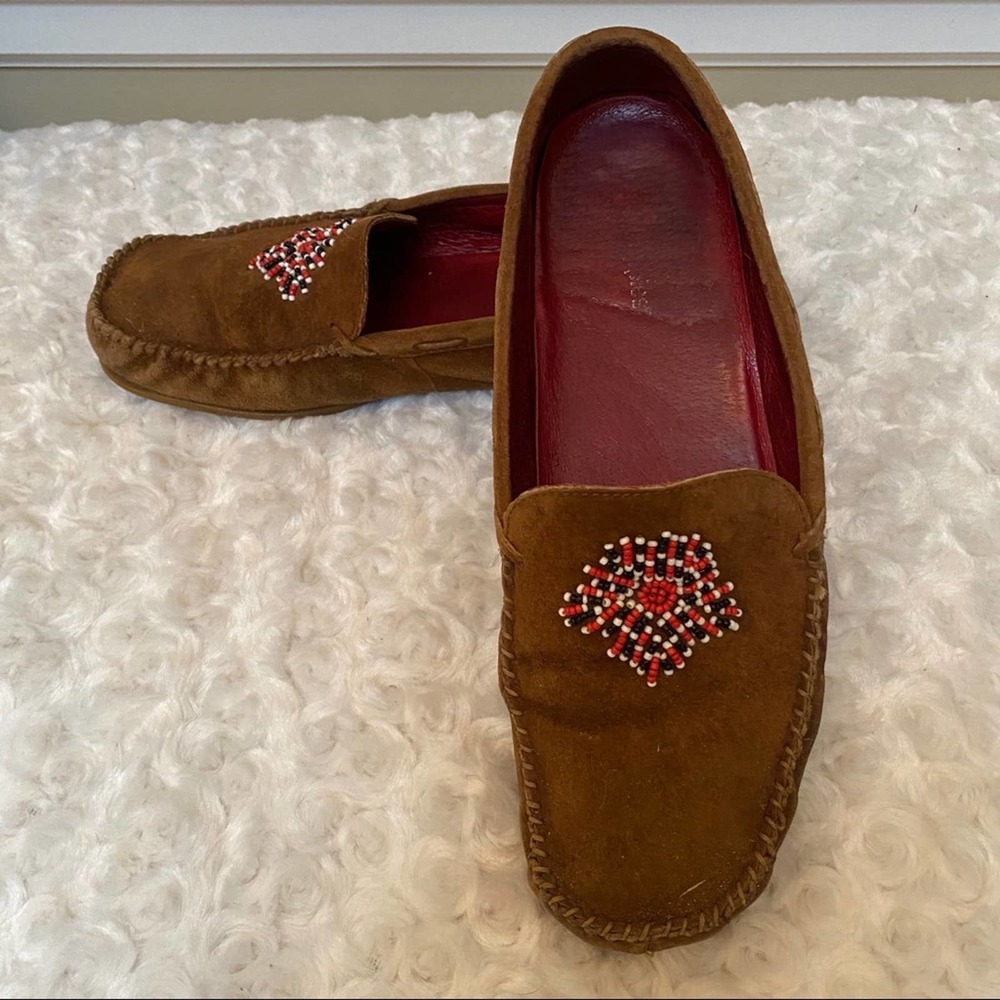 Brown Suede Hand Sewn Hush Puppies Moccasin Slip On Shoes